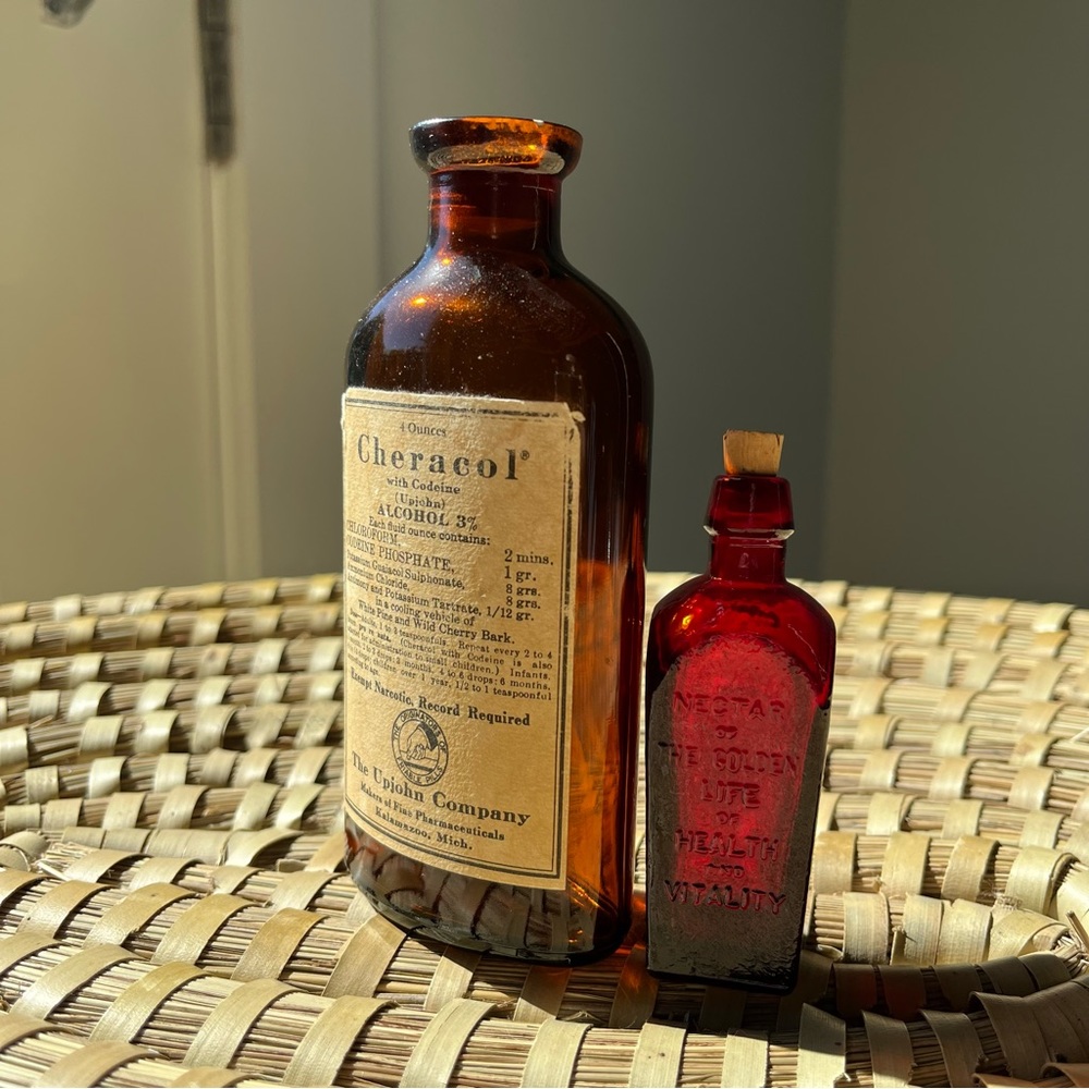 1970s reproduction patent medicine bottles - cheracol, nectar of the golden life